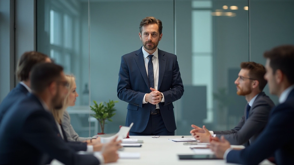 Профессиональный тренер проводит обучающий семинар для команды в современном конференц-зале