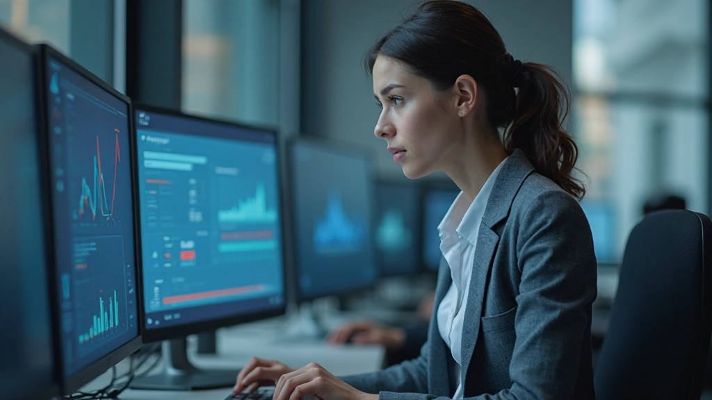 Деловой человек анализирует данные на экране компьютера в офисе